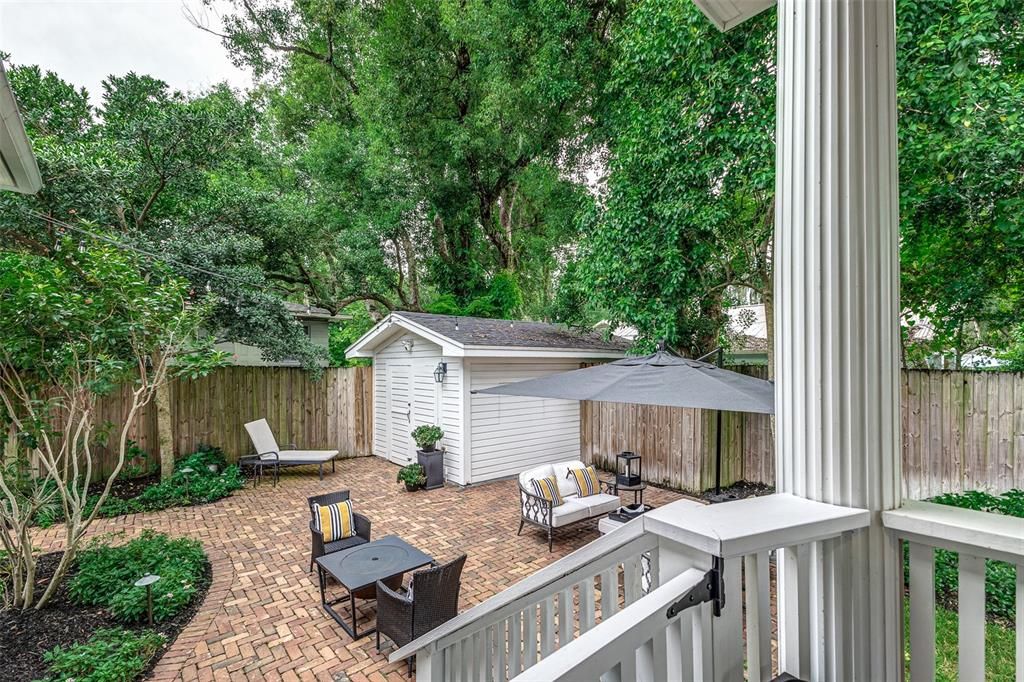 Open patio with shed