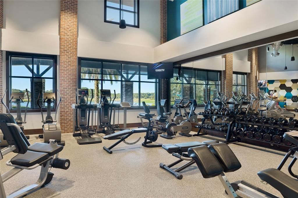 Fitness center with lake views