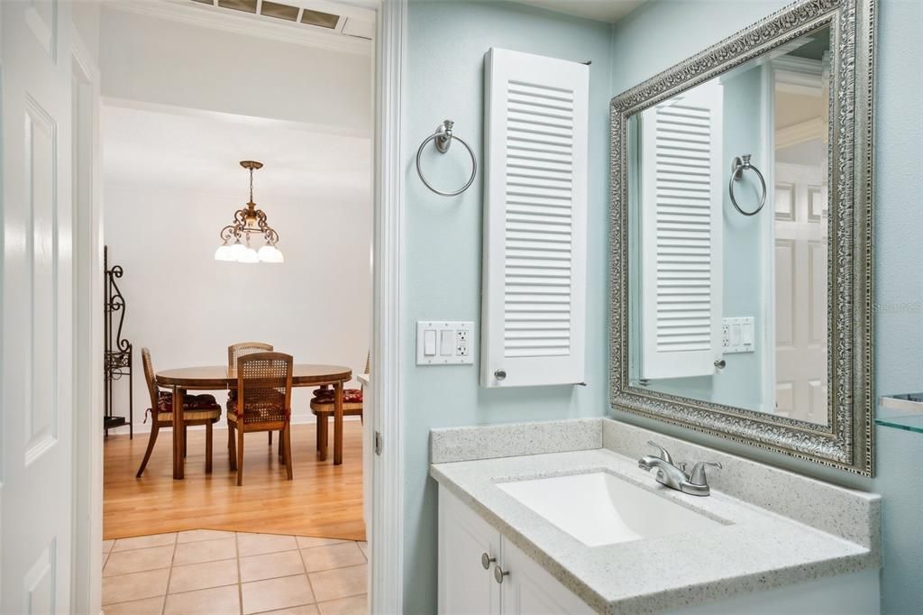 Guest bathroom looking into diningroom