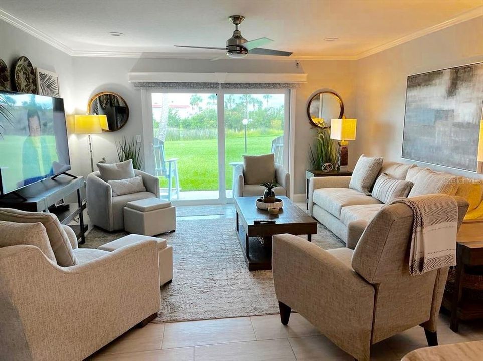 Living Room ~ recessed lighting ~ Ceiling fan ~ Crown molding