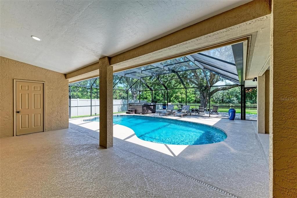 Enormous covered patio. The door leads you to the she/he shed or you can also use it as storage. another shed on the other side of the wall, just outside the pool cage