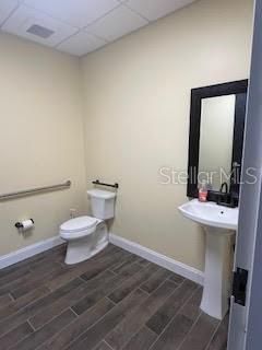 Bathroom with wood plank tile and pedestal sink.