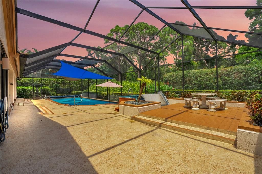 Pool at dusk with ambient lighting