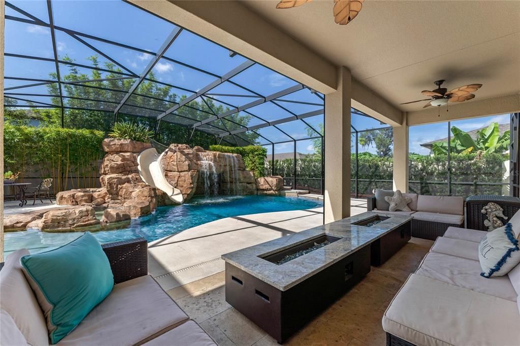 36' Covered Lanai Overlooking Pool w/ Dual Firepit Table