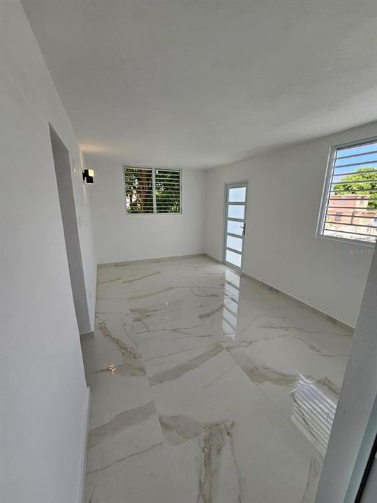 Upstairs Family room, with emergency exit door and exterior stars