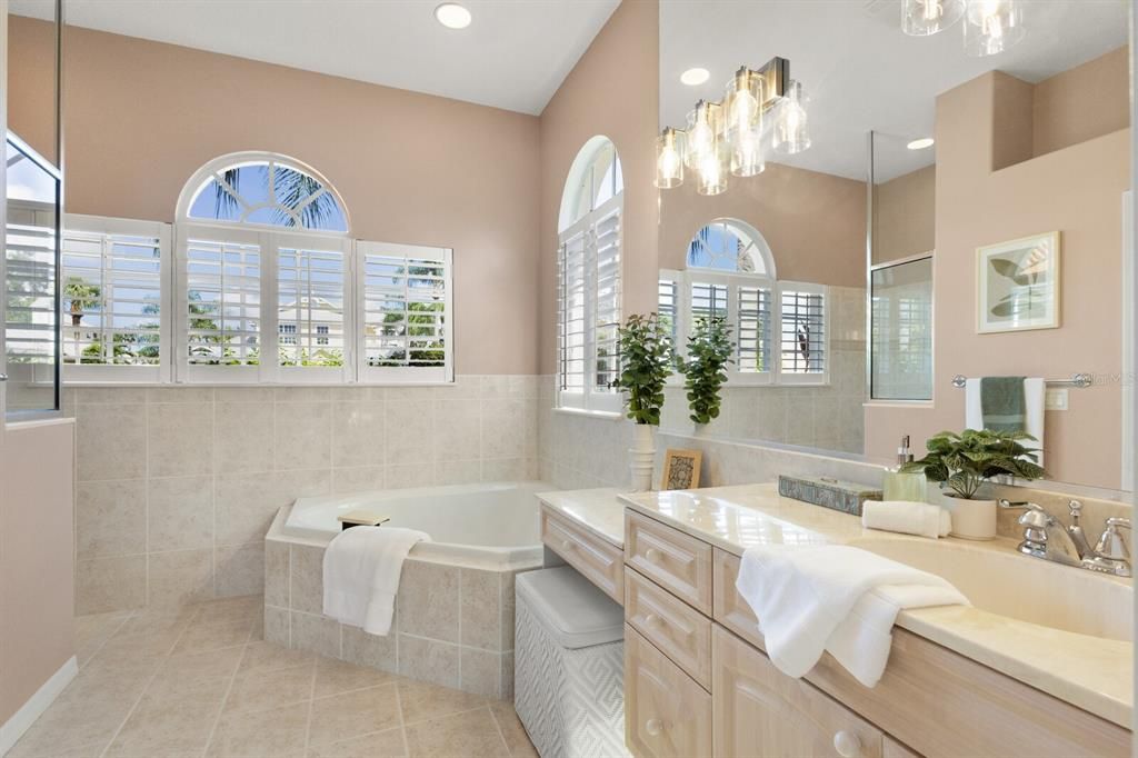 Primary bathroom with soaking tub and separate shower