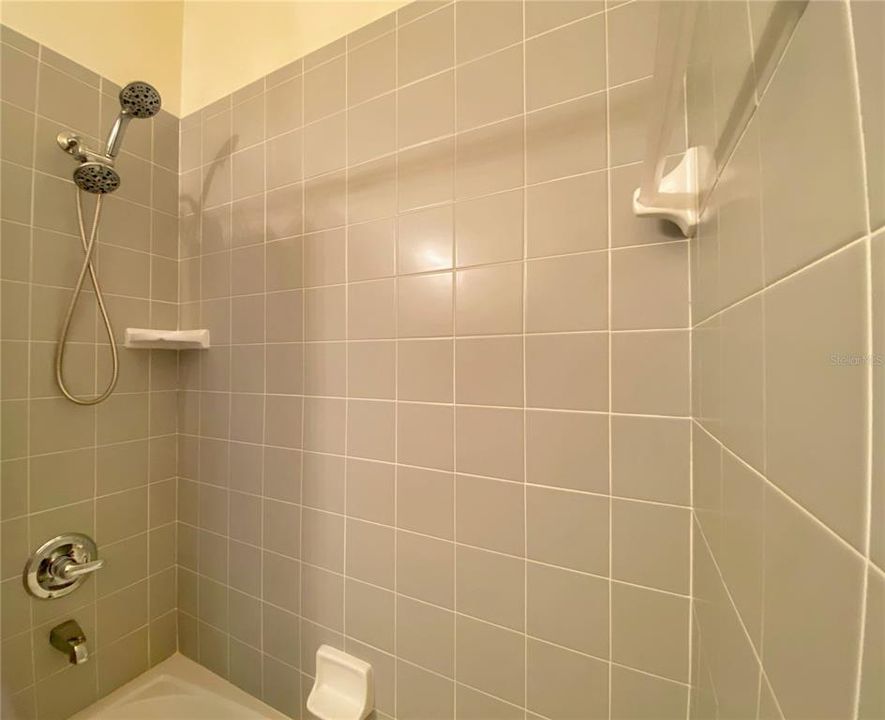 Tiled Shower with Towel Rack, Soap Dish and Trendy Shower Head