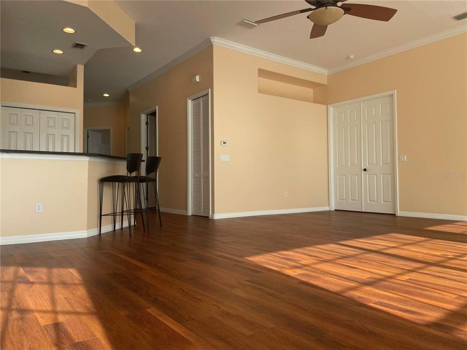 LOOKING FROM LIVING ROOM TOWARD PRIMARY DOORS AND HALLWAY