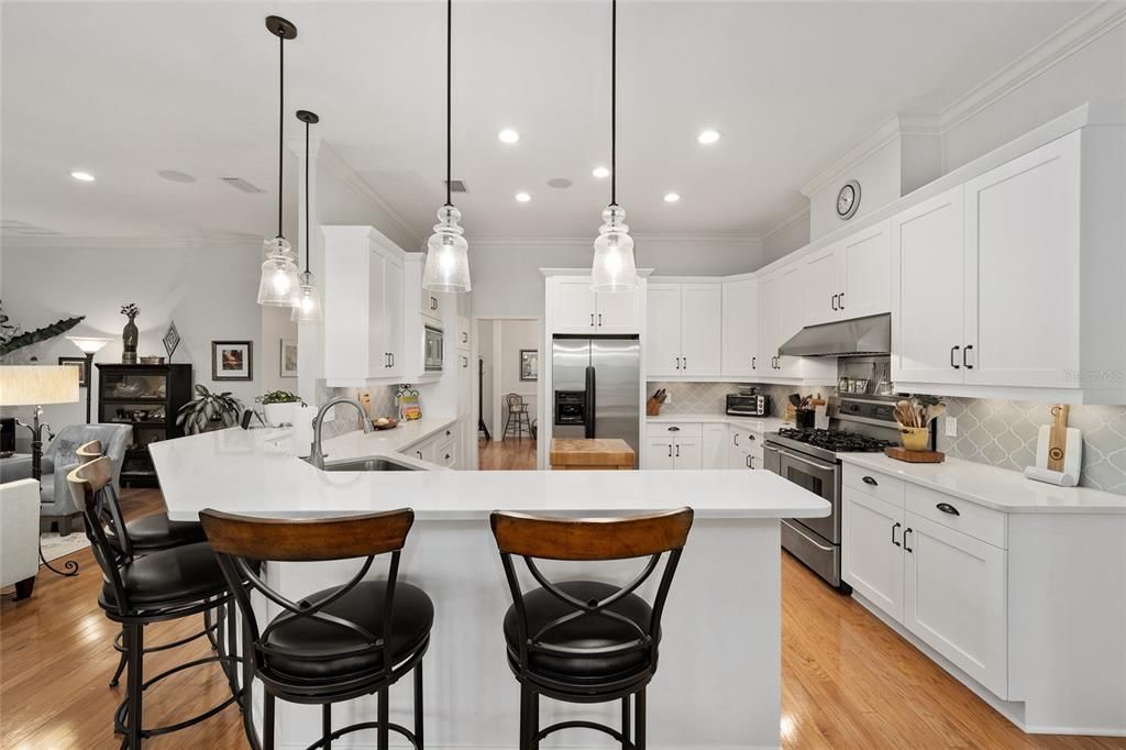 NEW QUARTZ COUNTERS AND BACK-SPLASH; EXPANSIVE BREAKFAST BAR