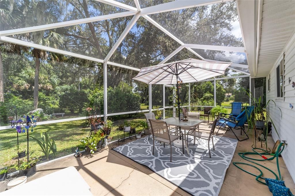 Birdcage pool overlooking large back yard.