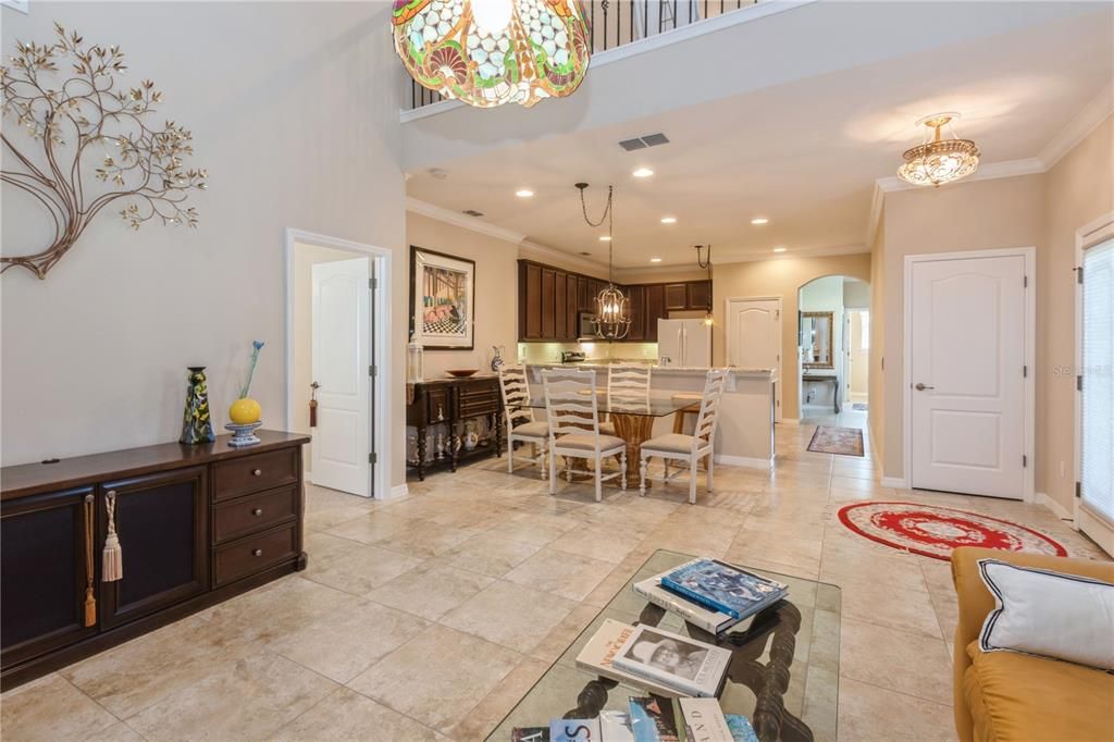 View from living room to dining and open kitchen.