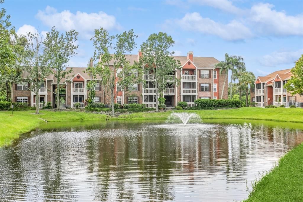 Buildings spaced out with ponds and grass