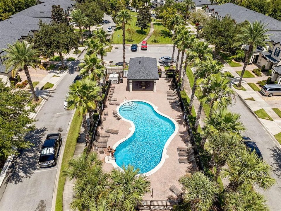 Aerial view of community park and pool.