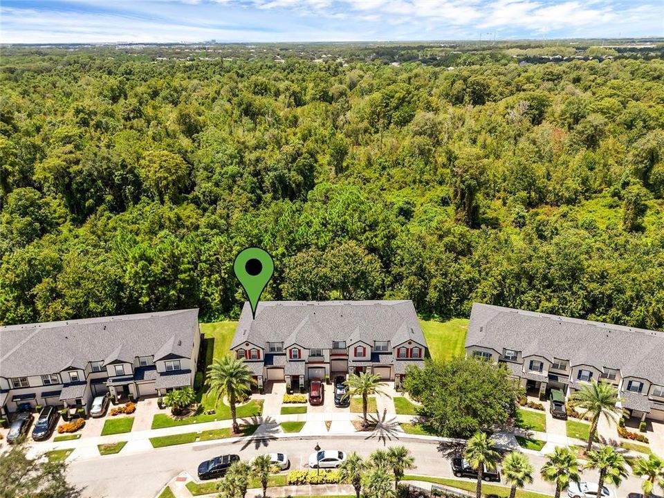 Aerial view of end unit townhome.