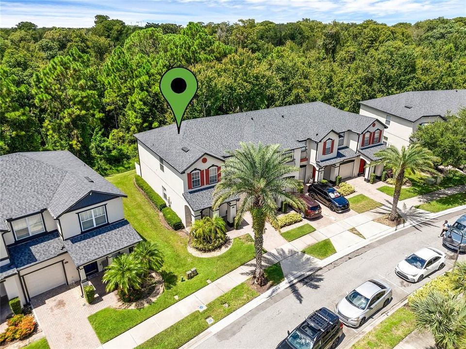 Aerial view of end unit townhome.