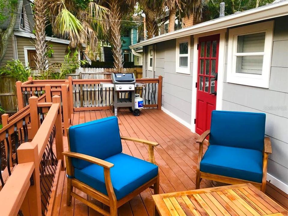 Porch, Outside Grill, Plenty of parking in Driveway fits 3 vehicles plus street parking. Fenced yard, outside grill. **everything included** in the rent: furniture, electricity, water, sewer, internet, pest control, trash, landscaping, and extra guest parking.