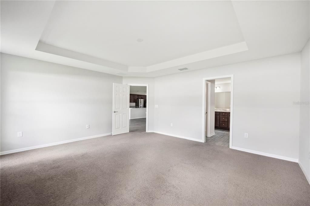 Primary Bedroom with door leading to Master Bath and 2 walk in closets - door to left leads out to Great Room and to Kitchen