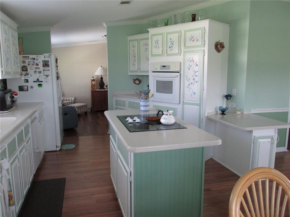 Sizable kitchen area with island stove, wall oven, side by side refrigerator. New garbage disposal. plenty of storage space