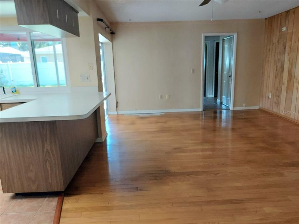 Kitchen and family room with access to patio.