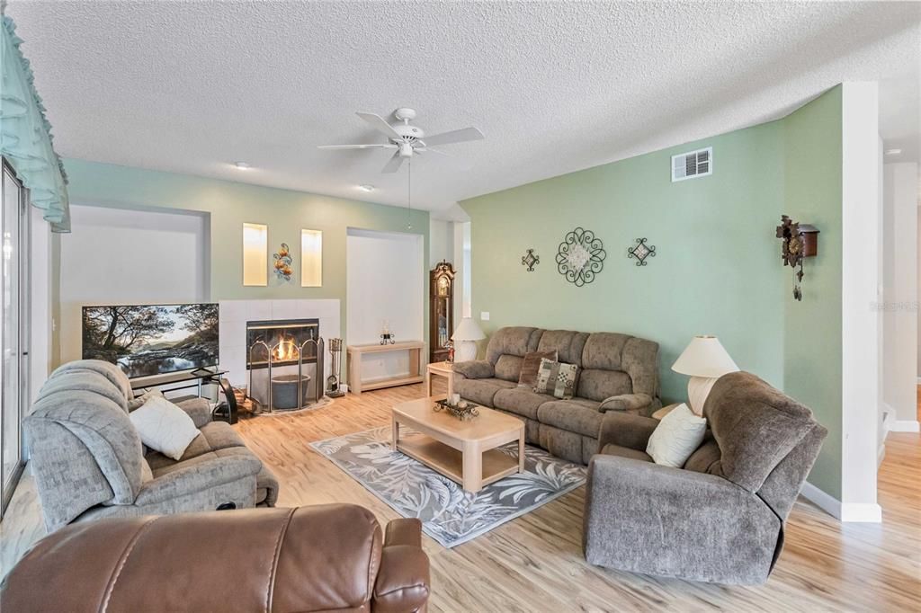 Family Area with wood burning stone fireplace