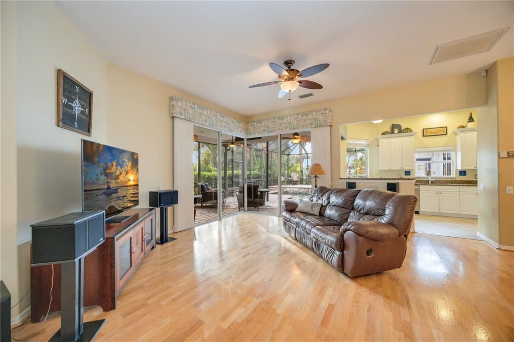 Family room in center of home with direct access to dining room, kitchen and lanai