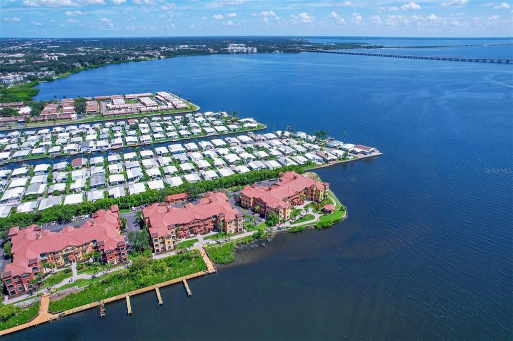 Aerial view from the end of the marina with  Buildings 11, 12 and 13 (left to right)