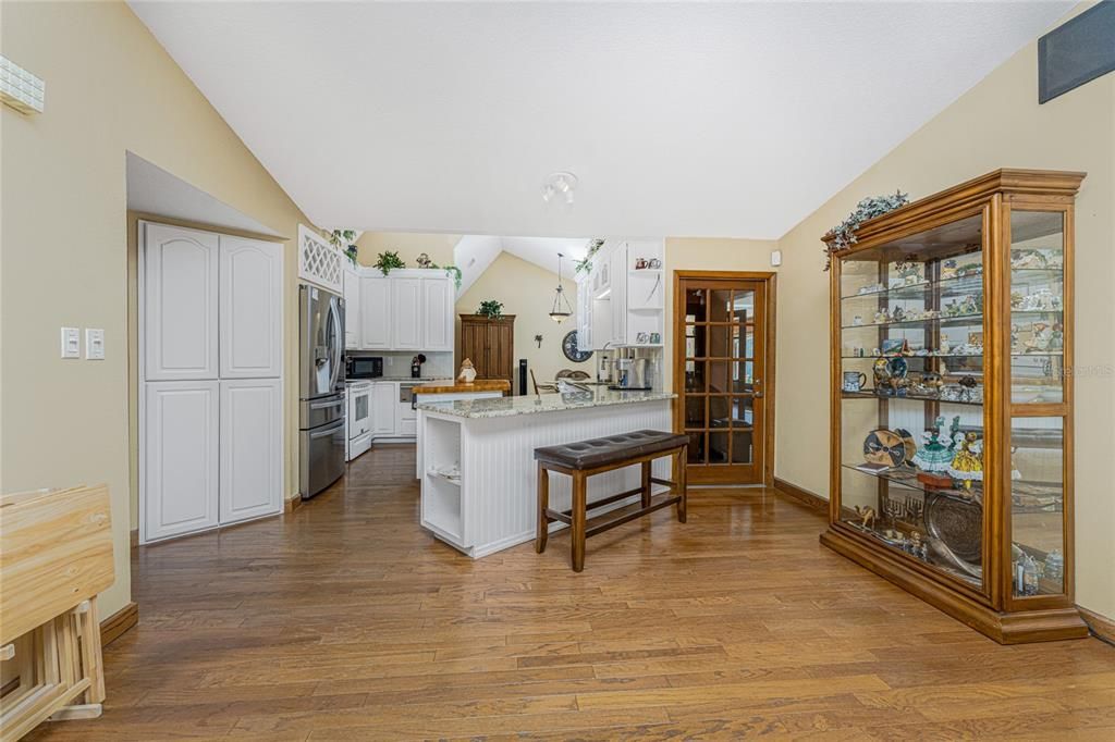 Kitchen overlooks living room