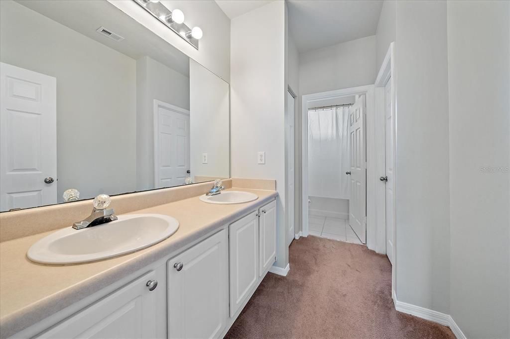 Large Master bathroom with dual sinks, walk-in closet , linen closet, soaker tub/ shower