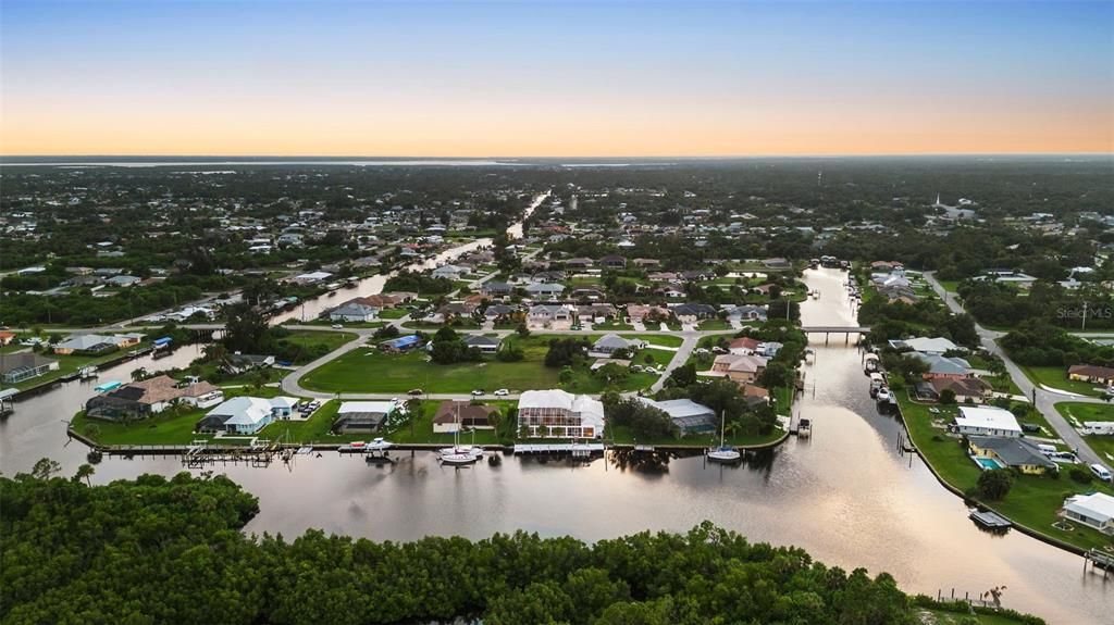 Aerial water view at dusk