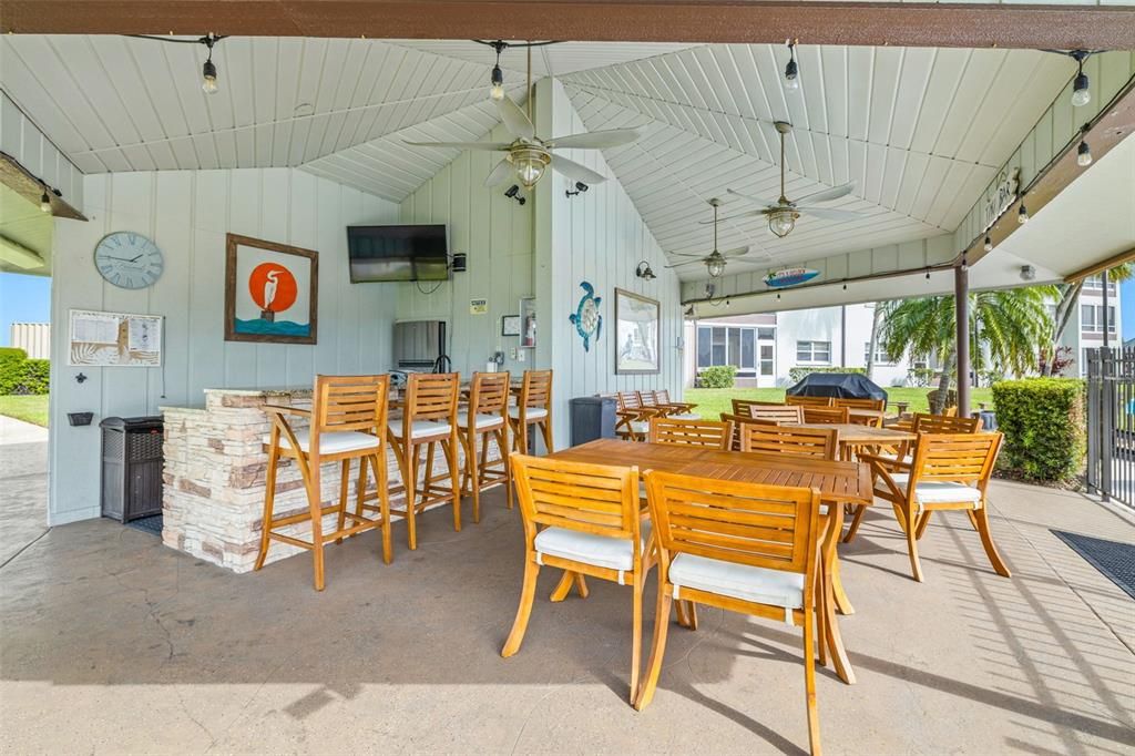 Tiki Hut near the pool for outdoor fun includes a kitchen, seating and TV for those important sporting events!