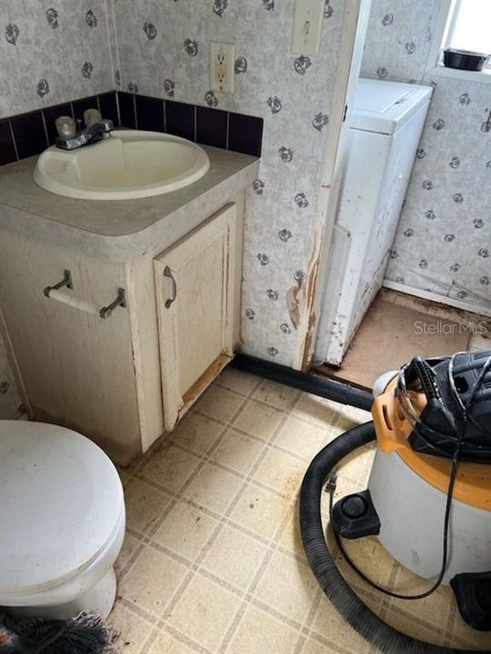 Hall bathroom vanity and entrance door to laundry room