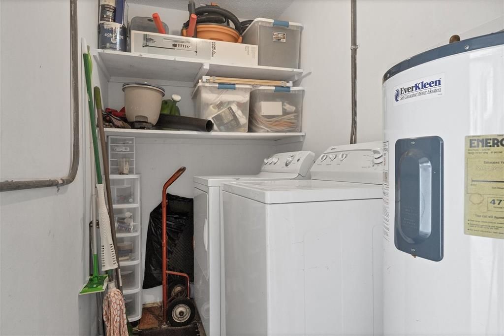 Private, exterior laundry and storage room.