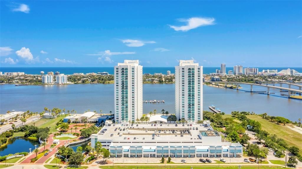 Drone view of building on intracoastal waterway & Atlantic Ocen