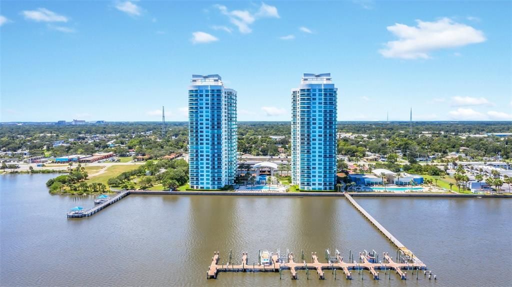 Buildings on the Marina with two boat docks