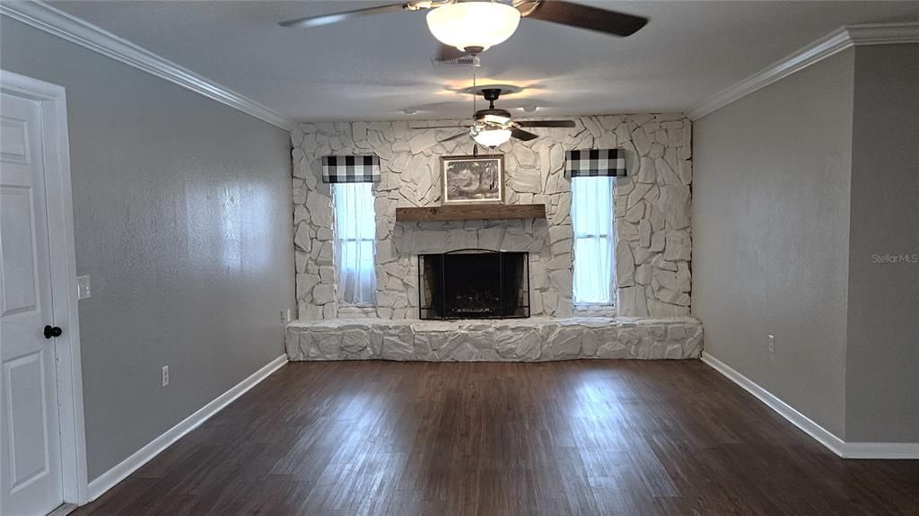 Living Room with wood burning fireplace