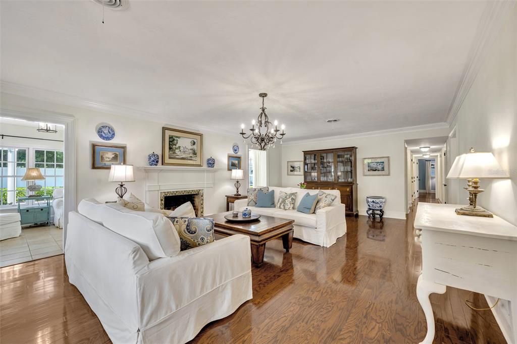 Living room with a brick fireplace