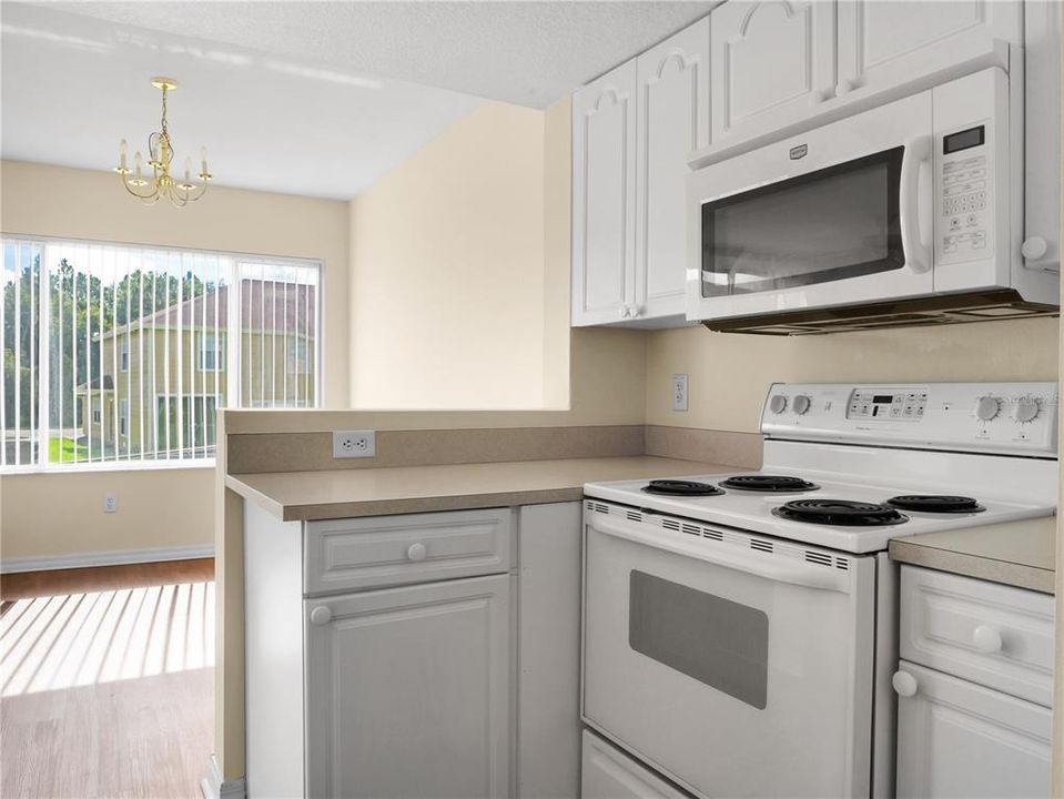 View of the kitchen toward the stove and microwave.