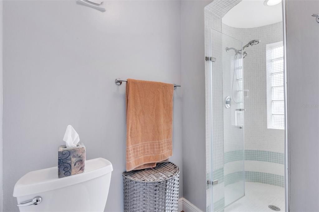 primary Bath with Circular Shower and Glass Block Window