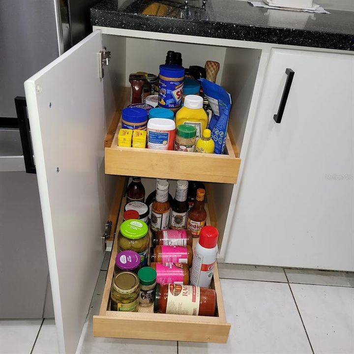 There are roll out drawer s in some of the cabinets.