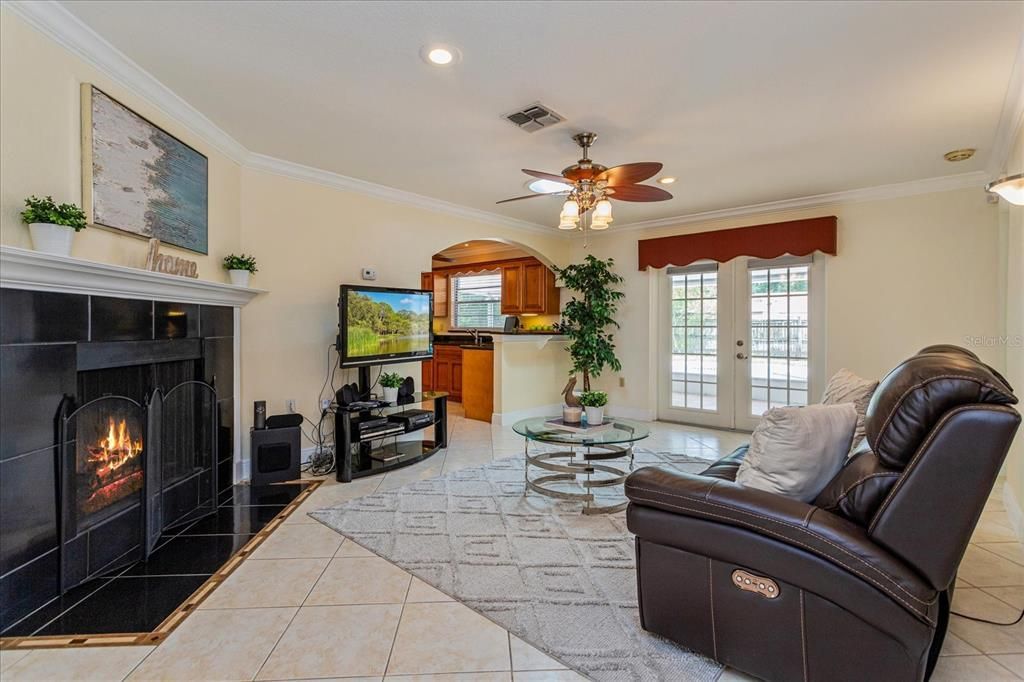 Family room with stunning fireplace