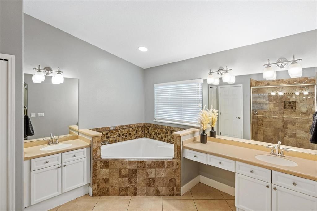 Primary Bathroom with 2 Vanities, Garden Tub and Separate Walk-in Shower