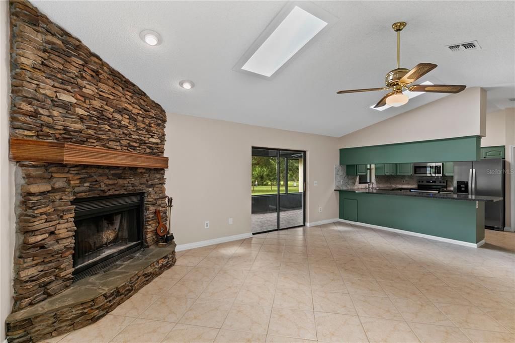 Family room with stone fireplace