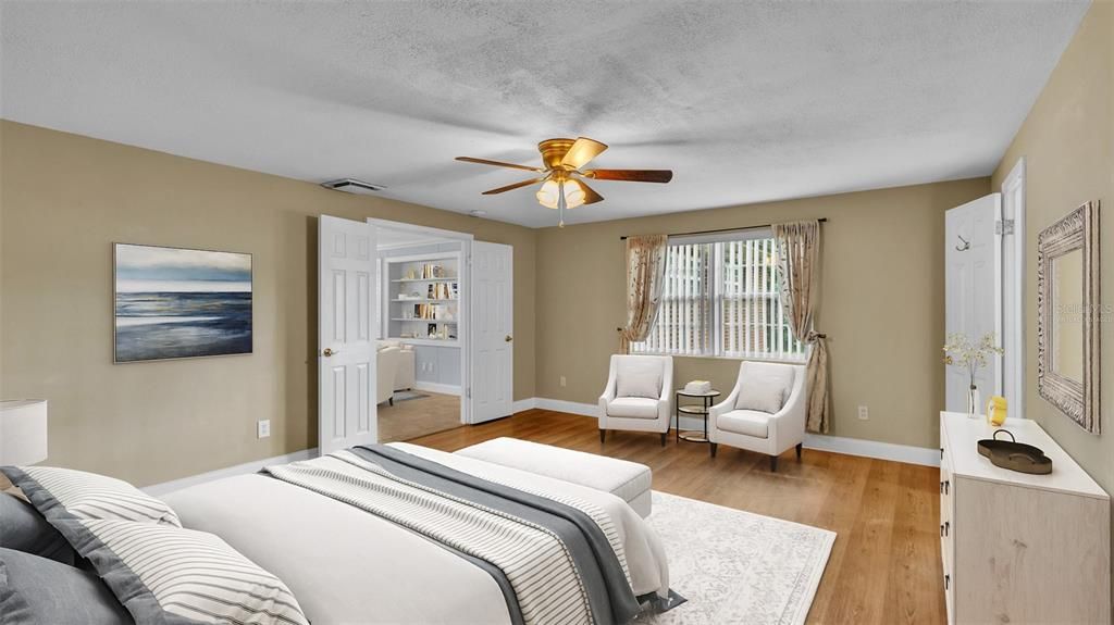 Primary Bedroom with En-Suite Bathroom and Walk-In Closet.  Virtually Staged.