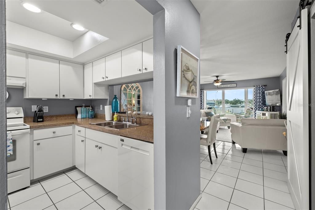 View from the front entry way toward the kitchen and main living areas.