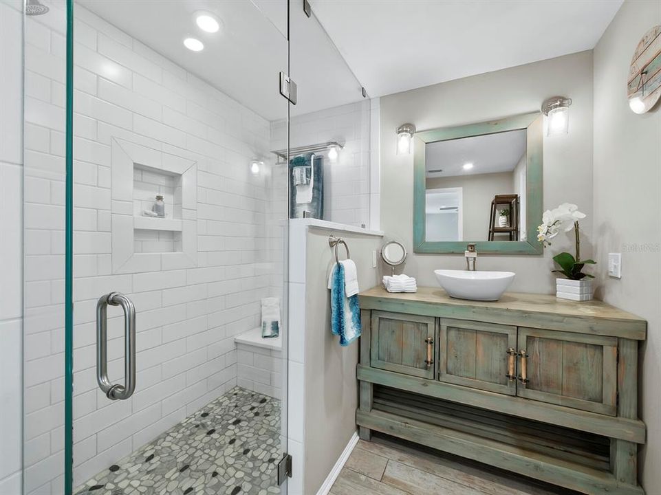 Finishes make this updated bathroom so inviting.