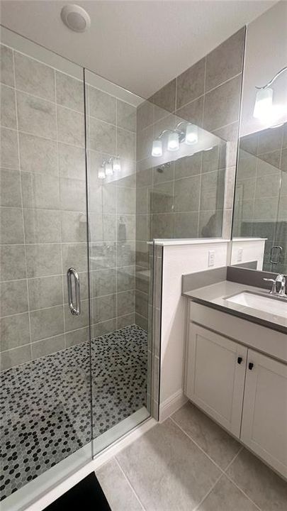 Master bathroom frameless shower