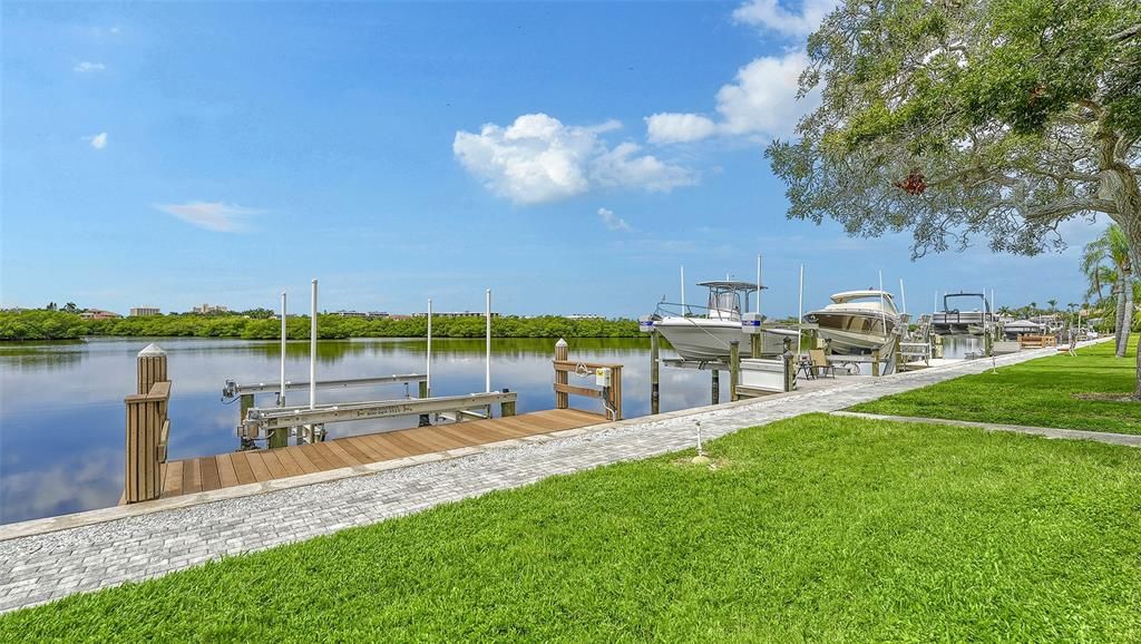 Aerial view of home and dock.