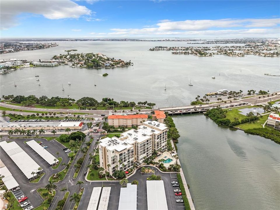 Beautiful aerial view of the Ambassador building overlooking the water