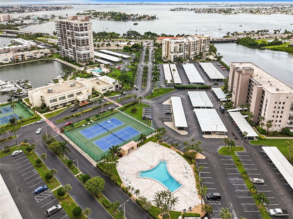 This aerial view gives you a nice glimpse of the clubhouse entrance and tennis courts across from the clubhouse.