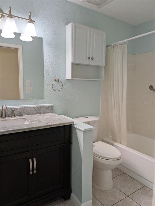 Hallway view into guest bath.